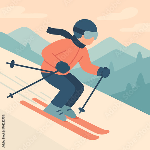 Minimalist winter skiing adventure on mountain slopes with soft pastel colors