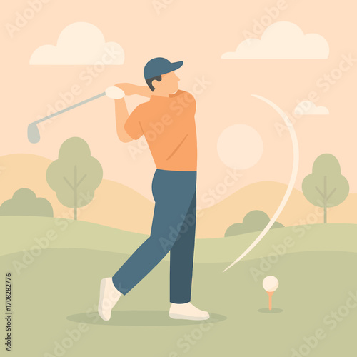 Minimalist golf player swinging club in scenic landscape