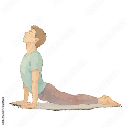 Serene young man practicing upward facing dog pose in pastel watercolor style