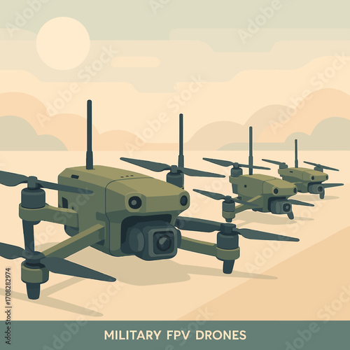 Military fpv drones in desert landscape with retro style design
