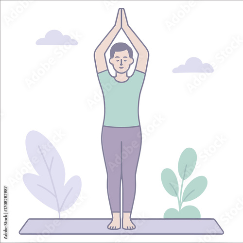 Peaceful yoga pose: minimalist design of woman practicing outdoors with trees and clouds