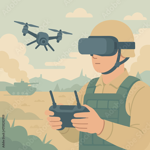 Modern warfare drone control with vr technology in flat design