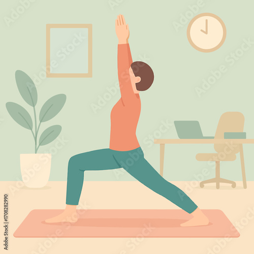 Minimalist yoga pose in modern home office setting with calm pastel tones