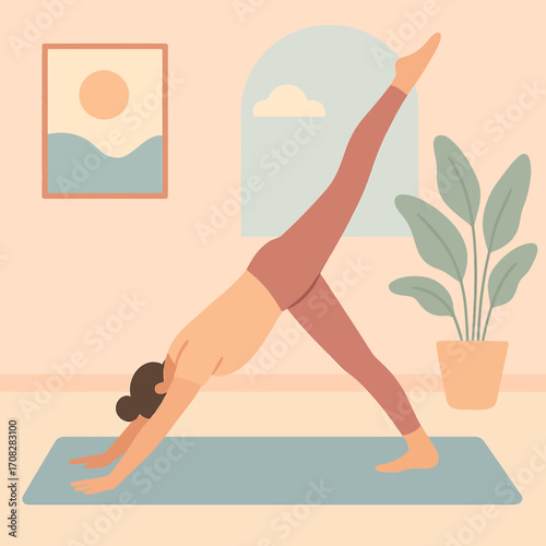Woman practicing yoga in minimalist room with indoor plant and artwork