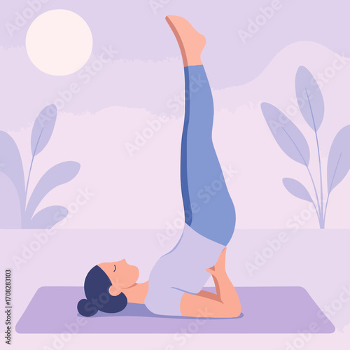 Flat design woman practicing yoga outdoors in shoulder stand pose at sunrise
