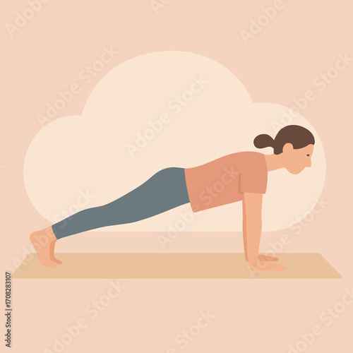 Minimalist flat design of woman practicing yoga in plank pose with calm background
