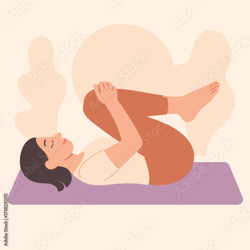 Woman practicing yoga at home with a relaxing pose in minimalist style