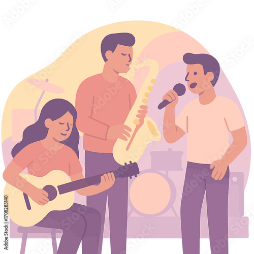 Abstract band playing music with guitar, saxophone, singer in harmony