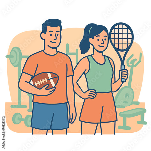 Cartoon style athletes in sportswear with equipment background