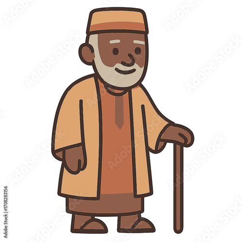 Elderly man in traditional clothing holding a cane against a warm toned background