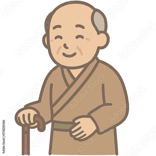Cute elderly man with cane wearing traditional robe cartoon