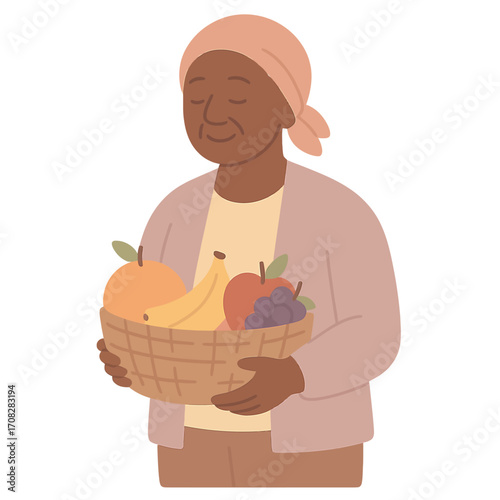 Elderly person holding fruit basket in gentle glow