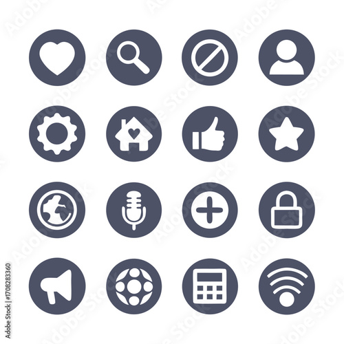 Dark round social media icons showcase functionality and communication features within diverse digital application