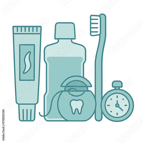 Dental hygiene essentials: toothpaste, mouthwash, and tools in glowing blue outline