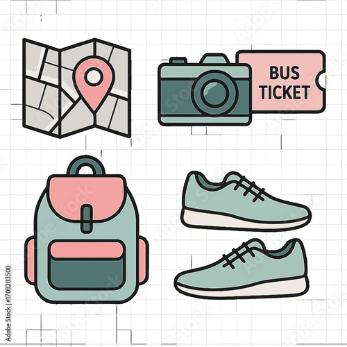 Travel essentials series with map, camera, ticket, backpack, and sneakers in flat design