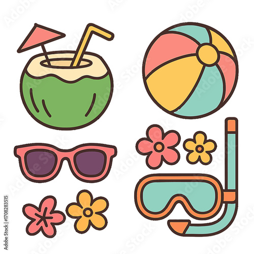 Summer icons: coconut drink, beach ball, sunglasses, snorkel gear, floral accents