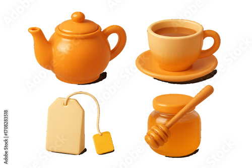 Orange teapot, teacup, honey jar, and tea bag on white background