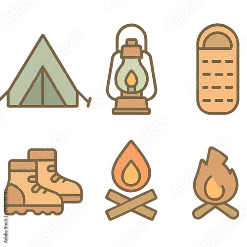Camping essentials icons with gradient outline: tent, lantern, sleeping bag, boots, fire