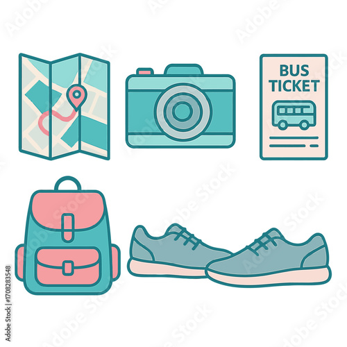 Adventure travel essentials: map, camera, backpack, sneakers, and bus ticket in neon style
