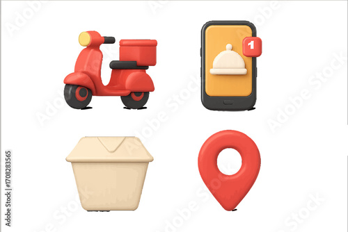 Food Delivery Icons: Scooter, Mobile App, Takeout Box, Map Marker