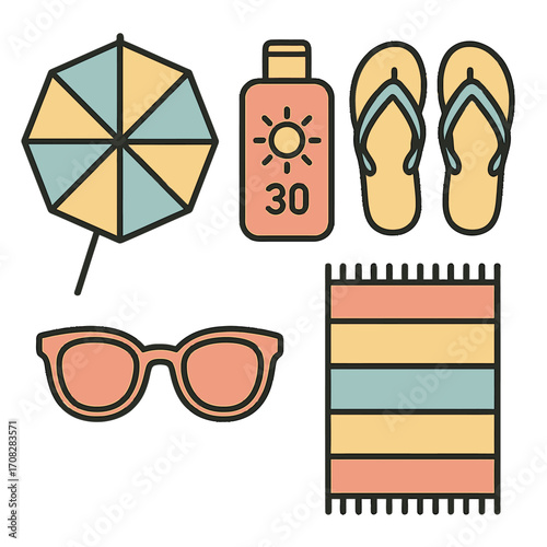 Summer beach essentials: trendy isometric icons for a perfect vacation
