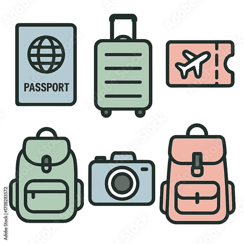 Colorful travel icons set featuring luggage, passport, and camera