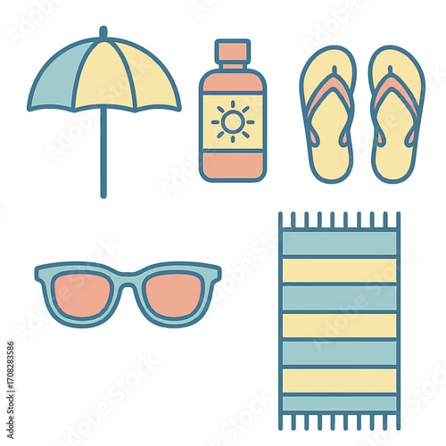 Summer beach essentials: umbrella, sunglasses, sandals, and more in pastel tones