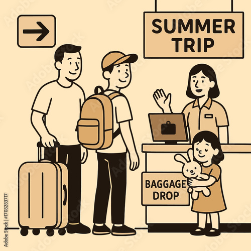 Summer travel preparation at airport check-in counter