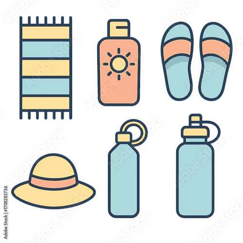 Minimalist summer essentials icons set featuring beach accessories and sunscreen