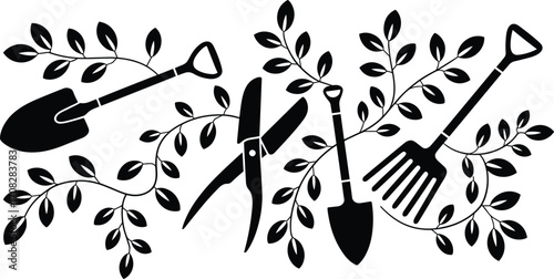 Garden tools with leaves, black silhouette illustration, shovels, pruners, rake and spade, perfect for gardening design, farming concept, botanical graphic art