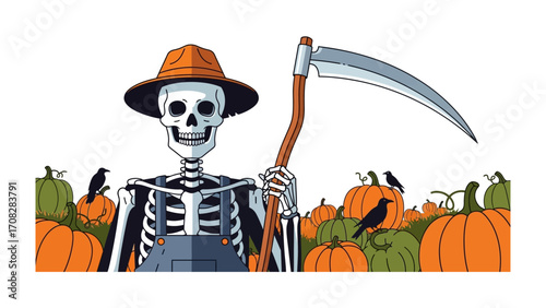 Grim Reaper in Pumpkin Field: A spooky cartoon illustration of the Grim Reaper in a pumpkin patch. The iconic figure holds a scythe, overseeing a harvest scene.