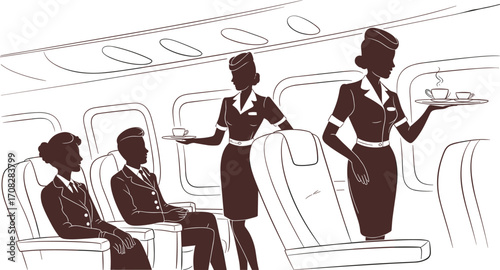 Flight attendants serving coffee, airplane interior illustration, airline service scene with passengers, in-flight hospitality, professional cabin crew, travel comfort and aviation designFlight