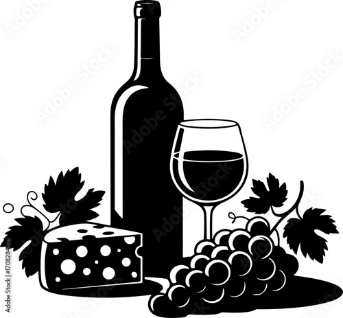 Wine still life Isolated silhouette vector illustration