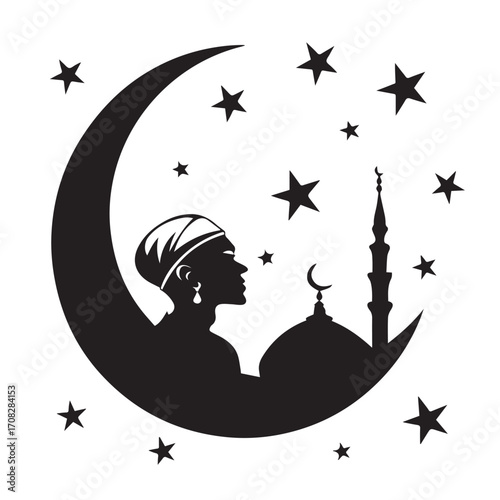 Silhouette of a man in a crescent moon with a mosque and stars, isolated on white background