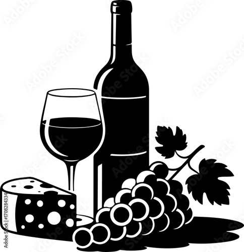 Wine still life Isolated silhouette vector illustration