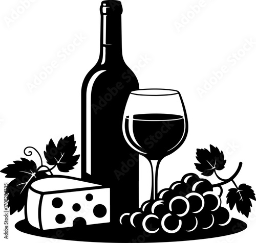 Wine still life Isolated silhouette vector illustration