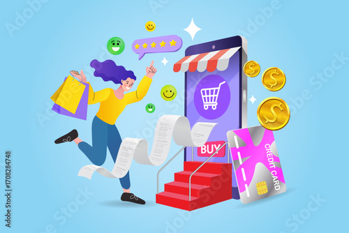 Online shopping and e-commerce concept. A happy woman with bags runs up stairs to a 'buy' button on a smartphone store. A credit card, receipt, and five-star rating icons symbolize a great customer.