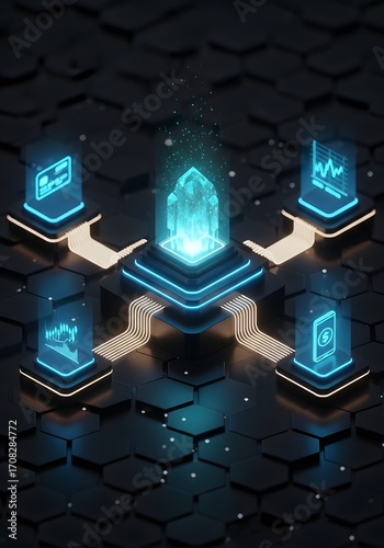 Central data core connecting financial technology digital services blockchain finance server network AI secure transaction payment