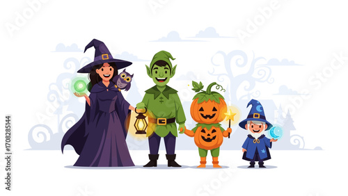 Whimsical Halloween Gathering: A delightful assembly of Halloween characters, including a playful witch with her wise owl, an elf, and smiling pumpkin, and a magical wizard.