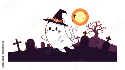 Spooky Night: An adorable ghostly cat with a witch hat flies through a spooky graveyard on Halloween night.