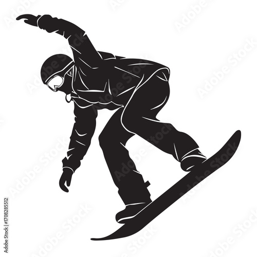 Silhouette of a snowboarder performing a trick on a snowboard, isolated on a white background