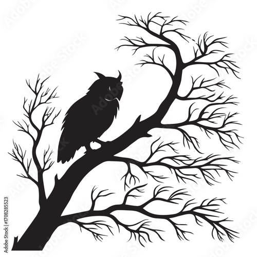 Silhouette of an owl perched on a bare tree branch against a white background, isolated on white background