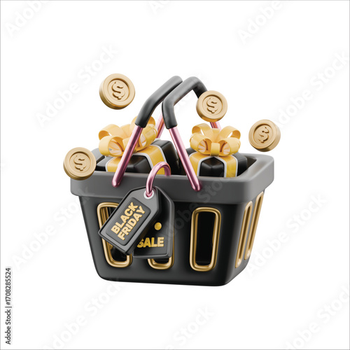 A 3D illustration of a black shopping basket filled with gift boxes and gold coins, featuring a Black Friday sale tag for promotional retail concepts
