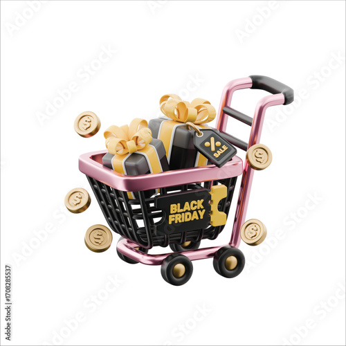 Conceptual 3D rendering of a shopping cart filled with gift boxes and sale tags, symbolizing a major Black Friday discount and online shopping event