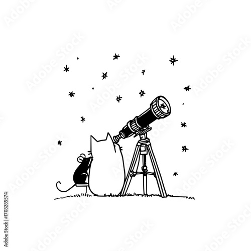 Cat mouse telescope stars night sky astronomy cosmos galaxy universe exploration discovery black and white art