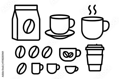 Coffee line icon set. Cafe hot drink, beverage linear symbols. Vector outline signs for web, app, menu design. Espresso, cappuccino, mug, cup, bean, takeaway icons.