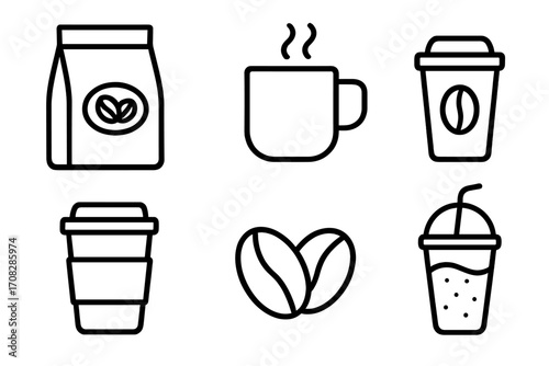 Coffee line icon set vector graphic. Outline symbol collection. Cafe, coffee shop elements. Hot drink mug, takeaway paper cup, coffee beans, iced coffee, espresso, cappuccino.