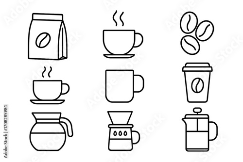 Coffee thin line icon set. Vector outline symbols for cafe menu, barista. Includes coffee cup, mug, beans, pot, french press, pour over, takeaway paper cup, espresso.