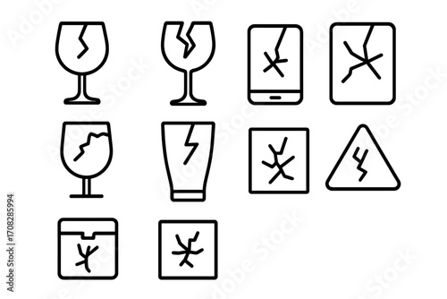 Broken glass line icon set. Fragile package, cracked phone screen, shattered window. Vector signs for web, apps, warning labels. Damage, accident, repair concept illustration.