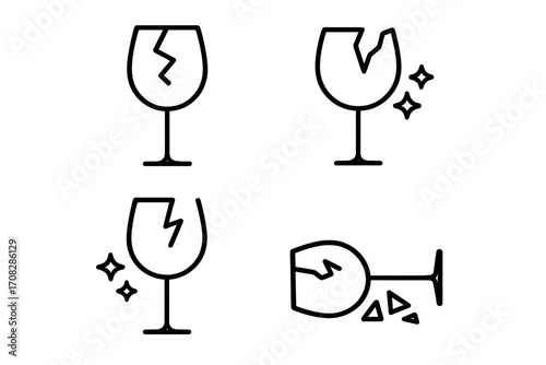 Broken wine glass line icon set. Fragile symbol pictogram collection. Shattered glassware, cracked cup concept for web, graphic design, apps, UI, UX, infographics. Damage, accident vector.